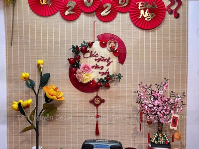 Vòng treo cửa mẹt tre Chúc Mừng Năm Mới cành lựu quạt Đỏ [Vòng nhẹ] N50cm VTC-T-46